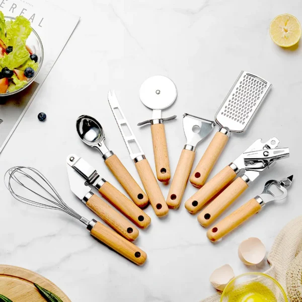 Wooden Handle Kitchen Gadgets Small Kitchen Utensils Set Baking Set Pizza Cheese Knife Stainless Steel Egg Beater