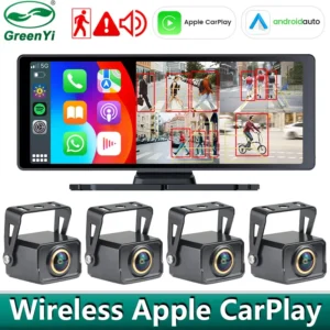 شاشة DVR للسيارة لاسلكية Carplay Android Auto رباعية القنوات مع كاميرا فيديو AHD 1080P BSD للمخيمات/الشاحنات الصغيرة/المقطورات/الشاحنات/الحافلات