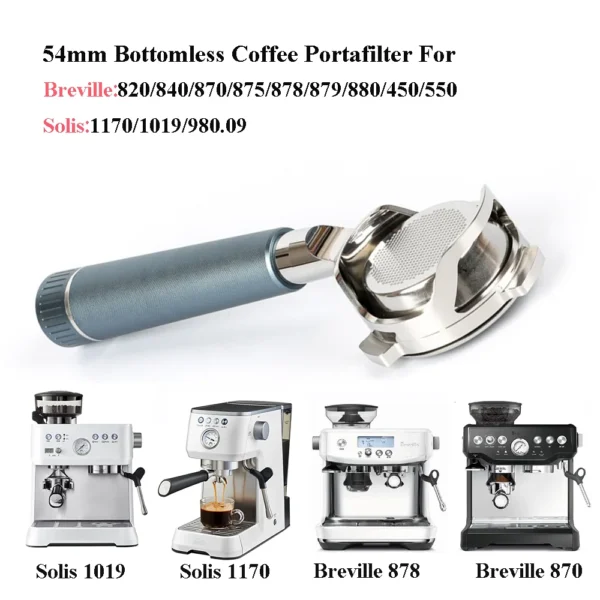 فلتر قهوة بدون قاع مقاس 54 مم لماكينة Breville 870/875/878/880 بمقبض قهوة مكشوف مع سلة لماكينة Solis 1170/1019 لأداة باريستا