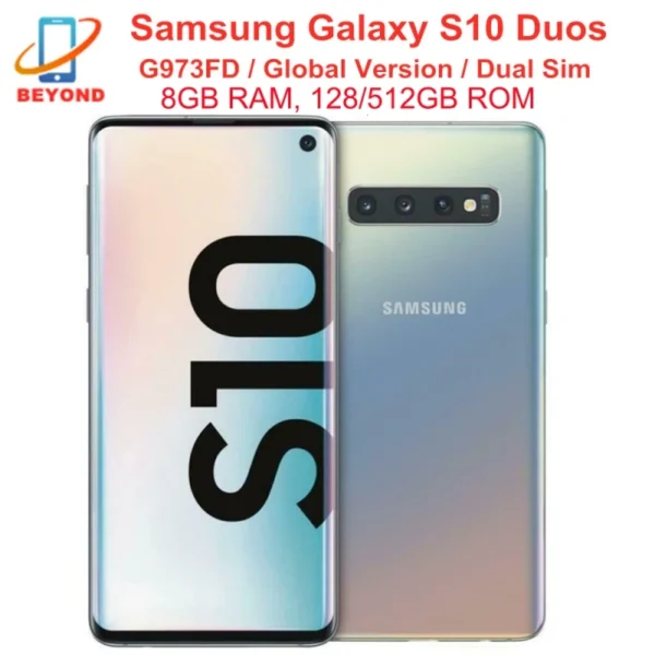 هاتف سامسونج جالاكسي S10 Duos G973FD ثنائي الشريحة بذاكرة وصول عشوائي (RAM) سعة 8 جيجابايت وذاكرة قراءة فقط (ROM) سعة 128/512 جيجابايت وشاشة 6.1 بوصة وثماني النواة وإصدار عالمي من NFC و4G LTE وExynos وأندرويد