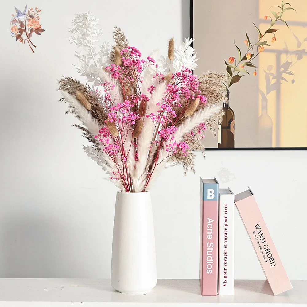 باقة زهور وردية أبدية، ديكور منزلي جمالي، بامباس مجفف، أنفاس الطفل الطبيعية، ديكور طاولة الزفاف وإكسسواراتها