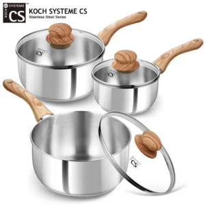 قدر طهي من الفولاذ المقاوم للصدأ KOCH SYSTEME CS سعة 1/2/3 كوارت مع قدر حليب بمقبض من الباكليت المقاوم للحرارة، أواني طهي بالحث