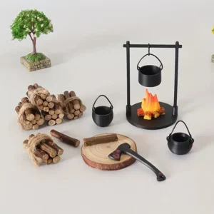 Mini Campfire Hanging Stove Pot Dollhouse Camping Picnic Firewood Pile Sand Table Micro Landscape Scene Decoration Ornament Toy